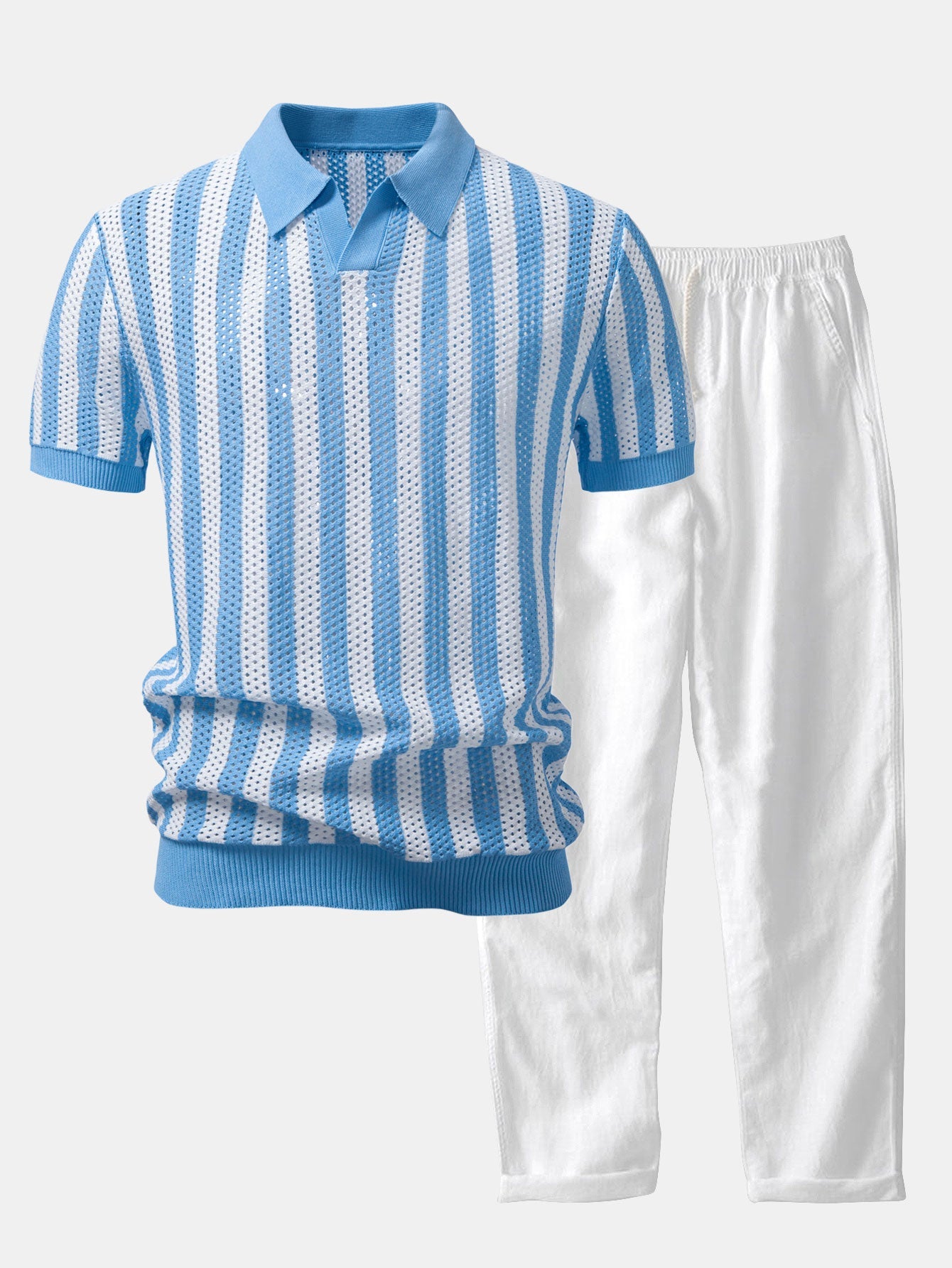 Streifen Johnny Kragen Offenes Strick Polo & Gerade Beinform Leinenhose