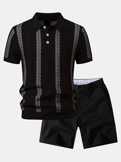 Gestreiftes Texturiertes Strick-Polo & Chino-Shorts mit Elastischem Bund