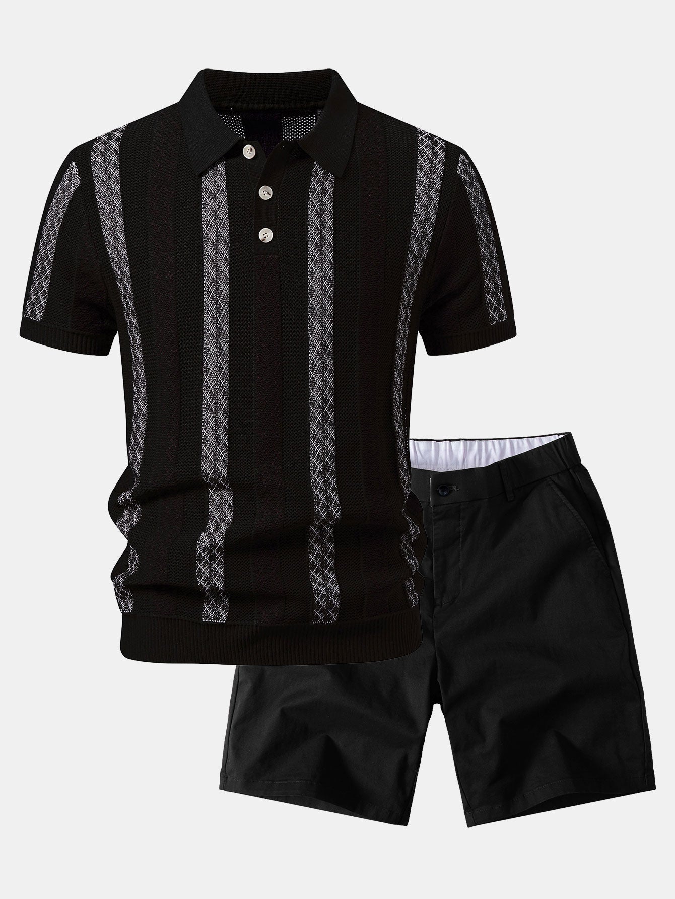 Gestreiftes Texturiertes Strick-Polo & Elastische Chino-Shorts