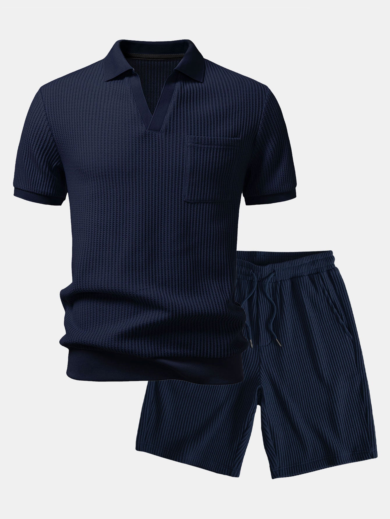 Waffel Johnny Kragen Polo mit Tasche & Kordelzug gestrickte Waffel Shorts