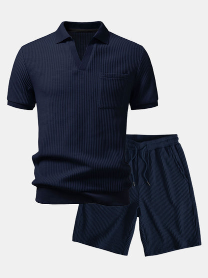 Waffel Johnny Kragen Polo mit Tasche & Kordelzug gestrickte Waffel Shorts