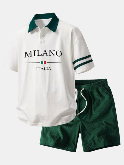 Relaxed Fit Milano Print Kontrastkragen Polo-Shirt & Corduroy 7" Shorts