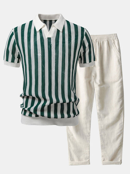 Streifen Johnny Kragen Offenes Strick Polo & Gerade Beinform Leinenhose