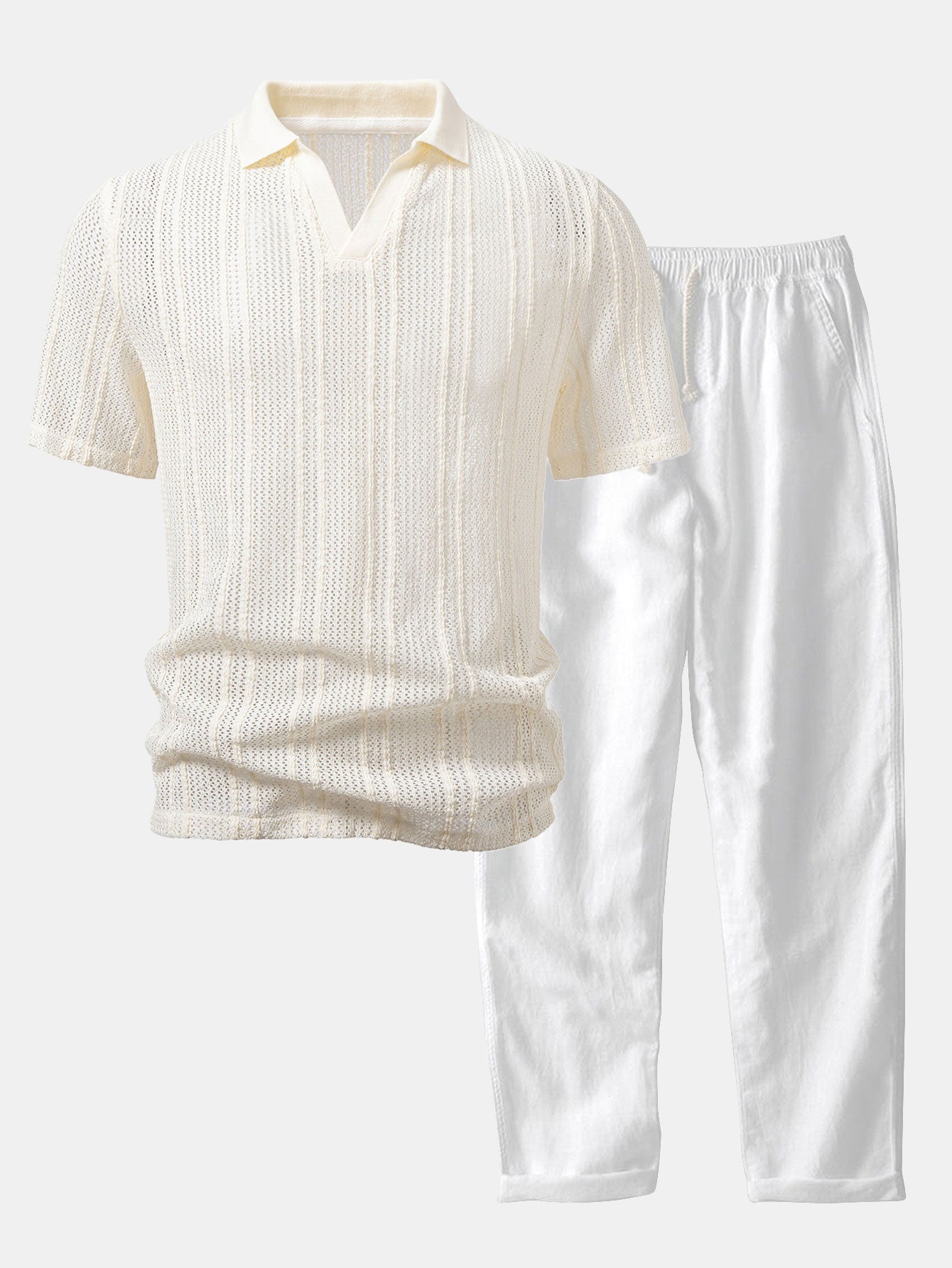 Relaxed Fit Gestreiftes Offenes Strick-Polo & Gerade geschnittene Leinenhose