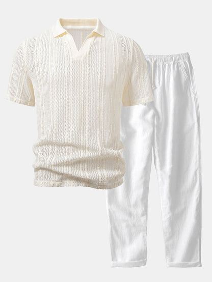 Relaxed Fit Gestreiftes Offenes Strick-Polo & Gerade geschnittene Leinenhose