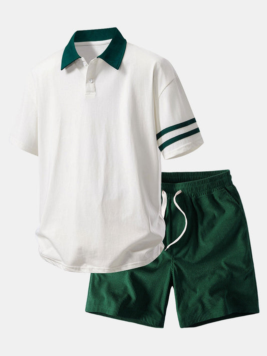 Relaxed Fit Polo-Shirt mit Kontrastkragen & Cordshorts 7"