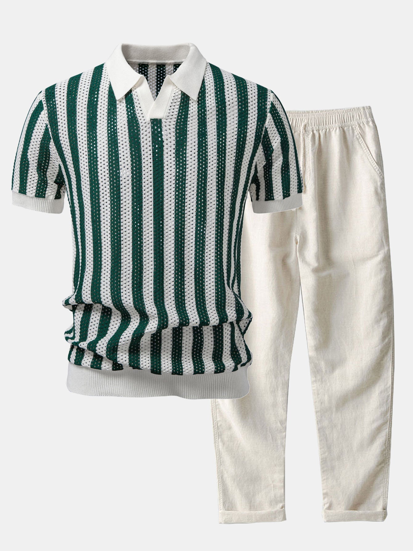 Streifen Johnny Kragen Offenes Strick Polo & Gerade Beinform Leinenhose