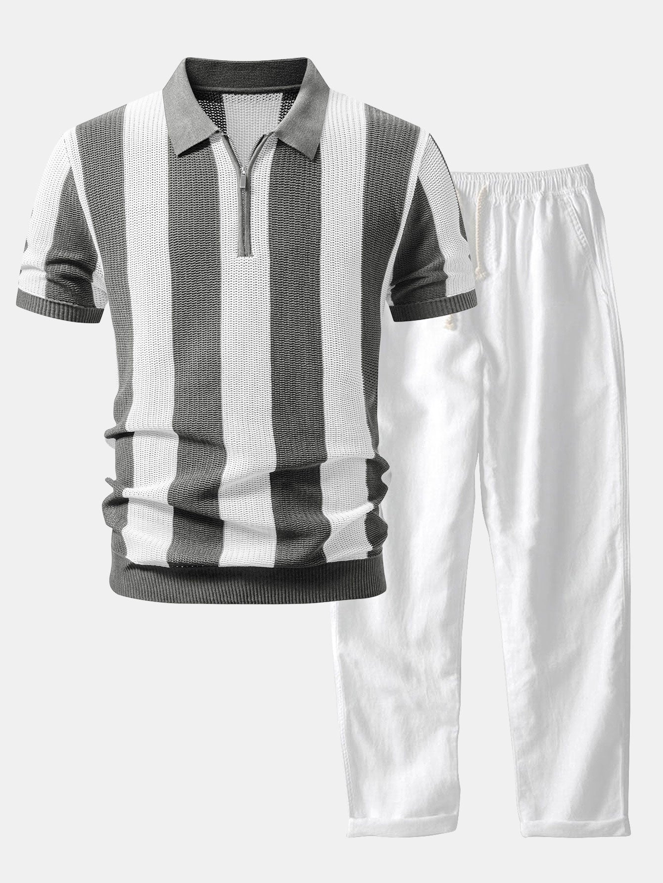 Streifen Reißverschluss Offene Strick Polo & Gerade Bein Leinenhose