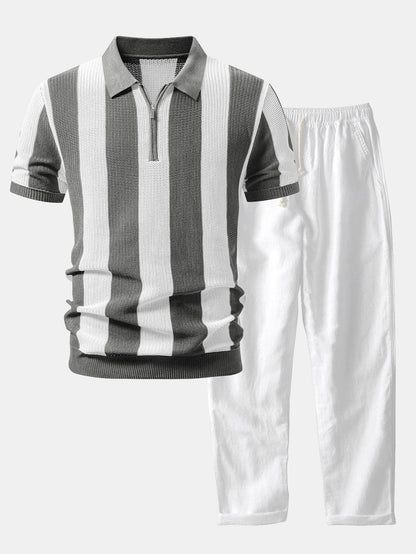 Streifen Reißverschluss Offene Strick Polo & Gerade Bein Leinenhose