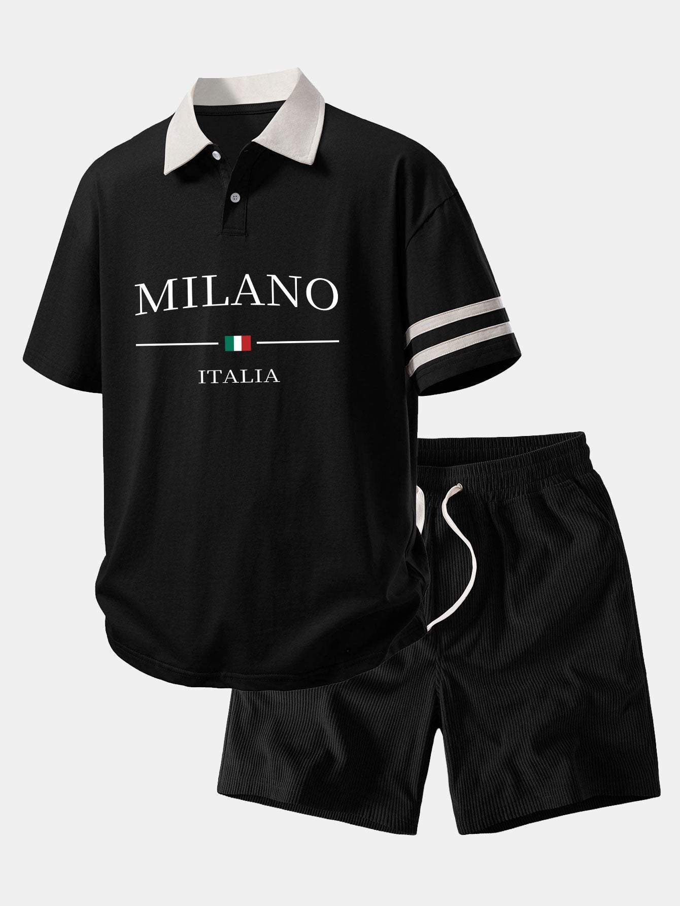 Relaxed Fit Milano Print Kontrastkragen Polo-Shirt & Corduroy 7" Shorts