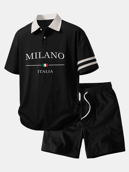 Relaxed Fit Milano Print Kontrastkragen Polo-Shirt & Corduroy 7" Shorts
