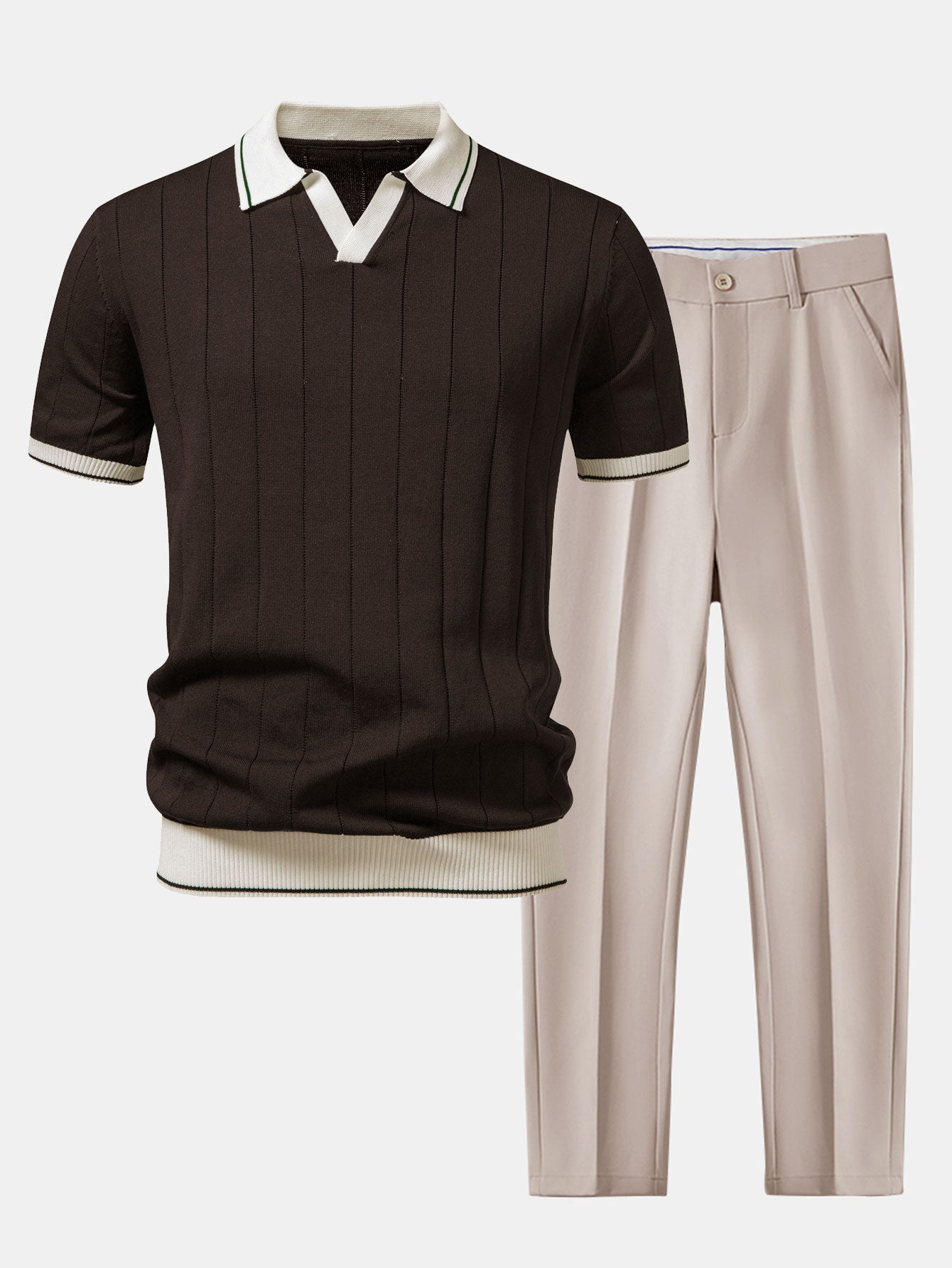 Kontrastbesatz Geripptes Johnny-Kragen Strick-Polo & Slim Fit Tapered Hose