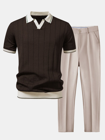 Kontrastbesatz Geripptes Johnny-Kragen Strick-Polo & Slim Fit Tapered Hose