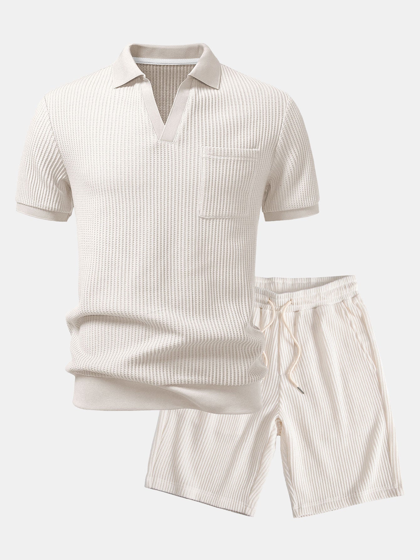Waffel Johnny Kragen Polo mit Tasche & Kordelzug gestrickte Waffel Shorts