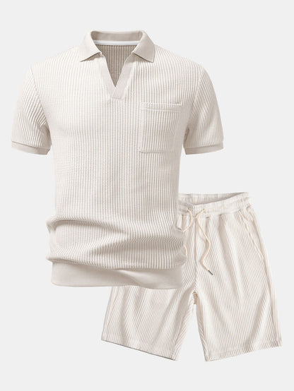 Waffel Johnny Kragen Polo mit Tasche & Kordelzug gestrickte Waffel Shorts