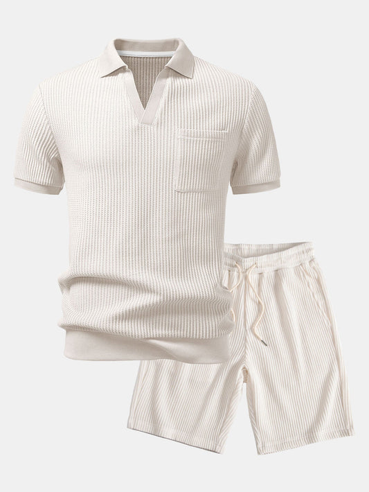 Waffel Johnny Kragen Polo mit Tasche & Kordelzug gestrickte Waffel Shorts