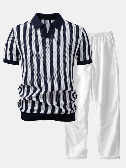 Streifen Johnny Kragen Offenes Strick Polo & Gerade Beinform Leinenhose