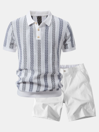 Gestreiftes Texturiertes Strick-Polo & Chino-Shorts mit Elastischem Bund