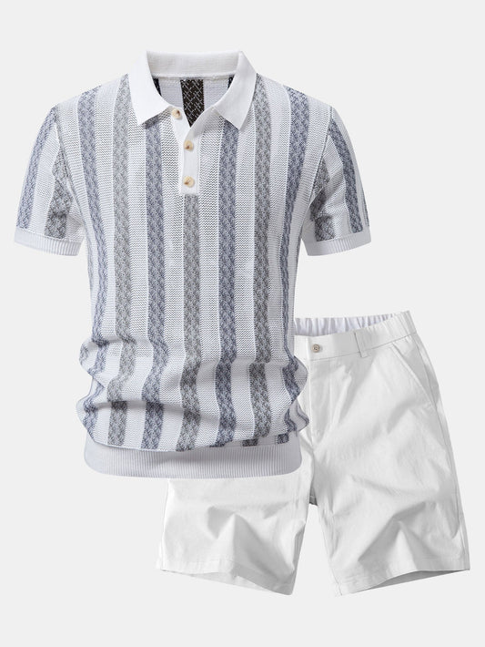 Gestreiftes Texturiertes Strick-Polo & Chino-Shorts mit Elastischem Bund