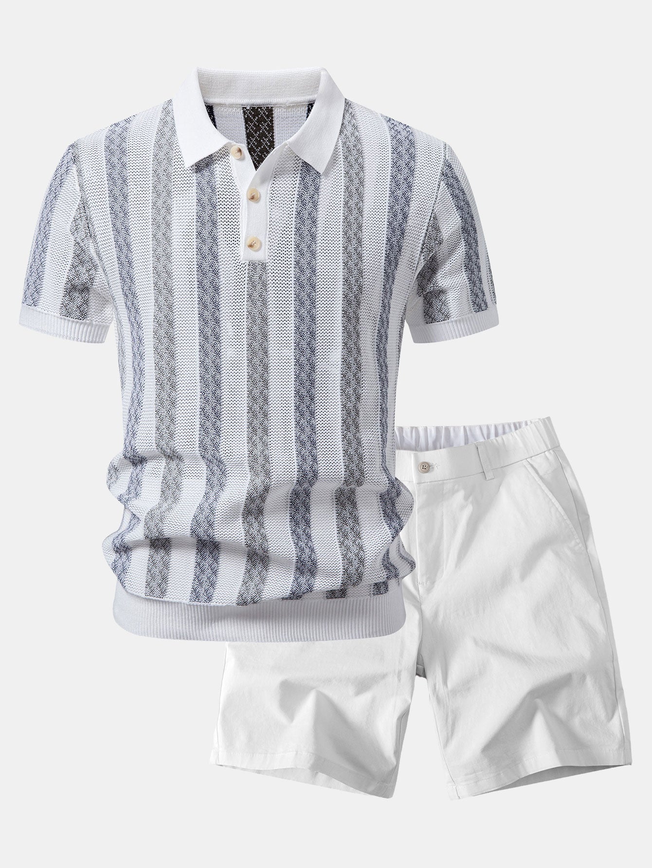 Gestreiftes Texturiertes Strick-Polo & Elastische Chino-Shorts