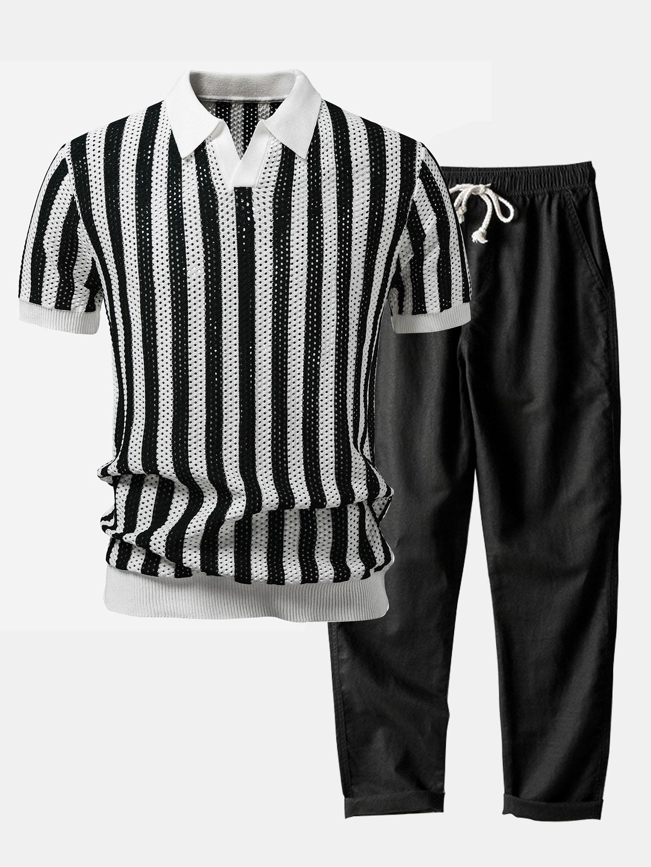 Streifen Johnny Kragen Offenes Strick Polo & Gerade Beinform Leinenhose