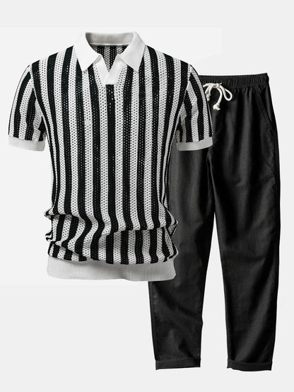 Streifen Johnny Kragen Offenes Strick Polo & Gerade Beinform Leinenhose