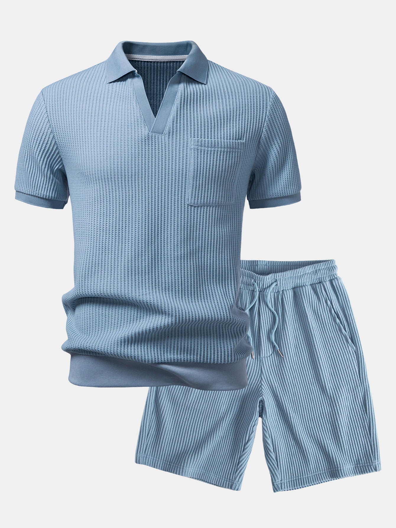 Waffel Johnny Kragen Polo mit Tasche & Kordelzug gestrickte Waffel Shorts