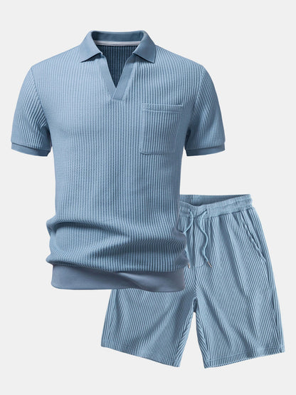 Waffel Johnny Kragen Polo mit Tasche & Kordelzug gestrickte Waffel Shorts