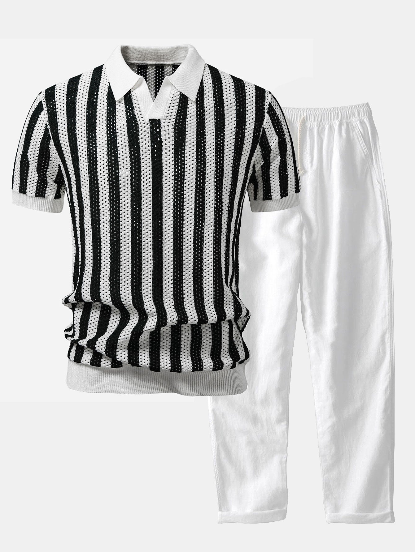 Streifen Johnny Kragen Offenes Strick Polo & Gerade Beinform Leinenhose