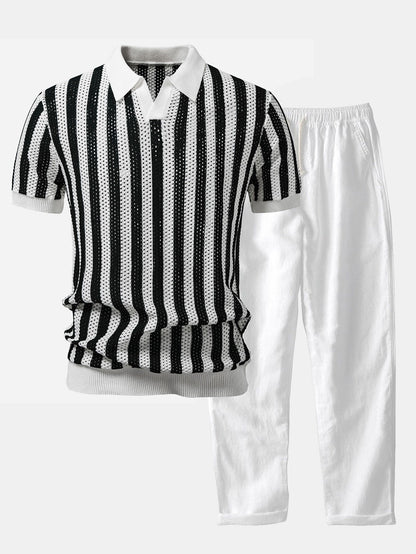 Streifen Johnny Kragen Offenes Strick Polo & Gerade Beinform Leinenhose