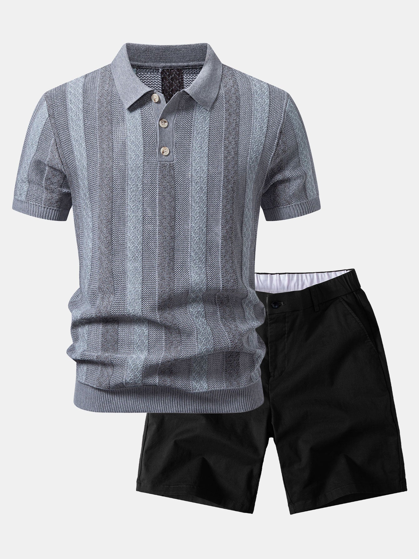 Gestreiftes Texturiertes Strick-Polo & Chino-Shorts mit Elastischem Bund