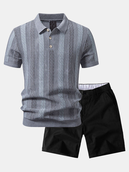 Gestreiftes Texturiertes Strick-Polo & Chino-Shorts mit Elastischem Bund