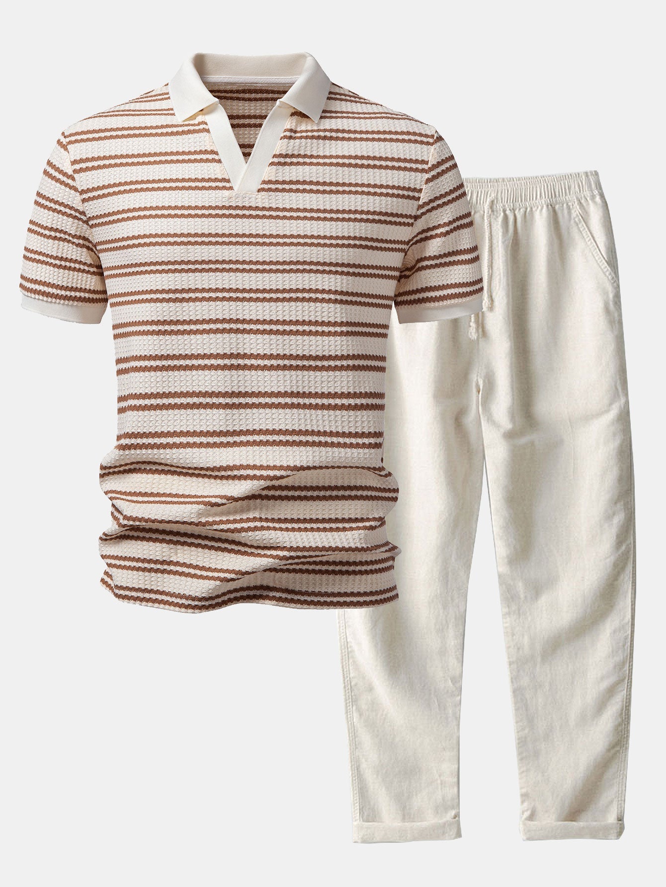 Stripe Waffle Johnny Kragen Polo & Gerade Beinform Leinenhose