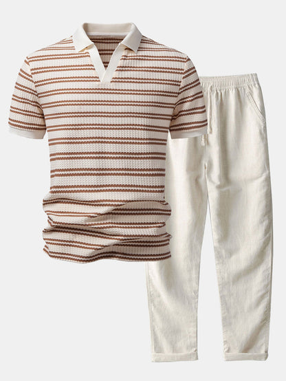 Stripe Waffle Johnny Kragen Polo & Gerade Beinform Leinenhose