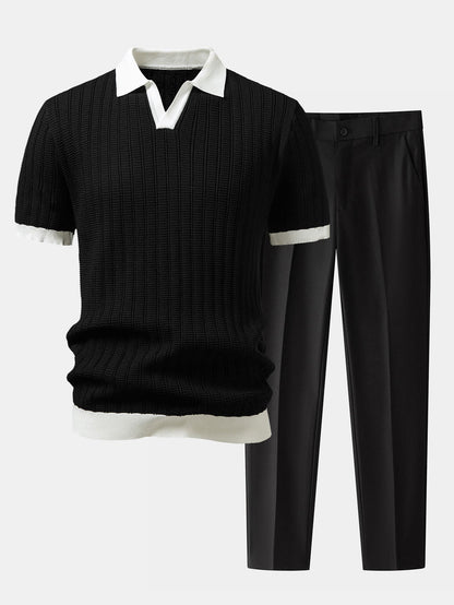 Kontrast Texturiertes Johnny-Kragen Polo & Slim Fit Tapered Hose
