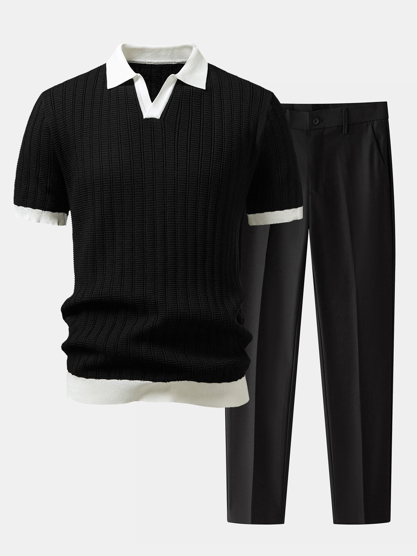 Kontrast Texturiertes Johnny-Kragen Polo & Slim Fit Tapered Hose