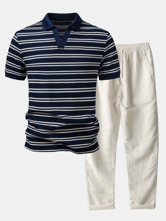 Stripe Waffle Johnny Kragen Polo & Gerade Beinform Leinenhose