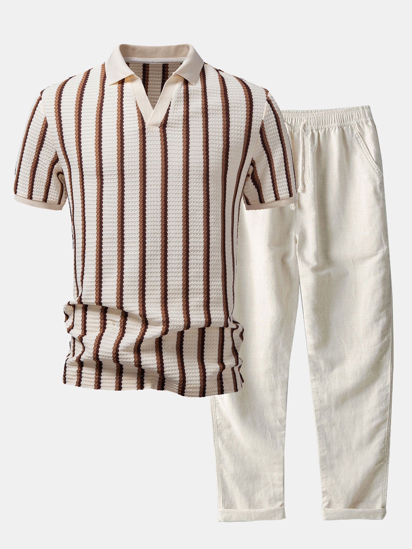 Waffle Stripe Johnny-Kragen Polo & Gerade Bein Leinenhose