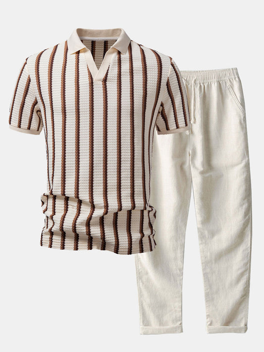 Waffle Stripe Johnny-Kragen Polo & Gerade Bein Leinenhose