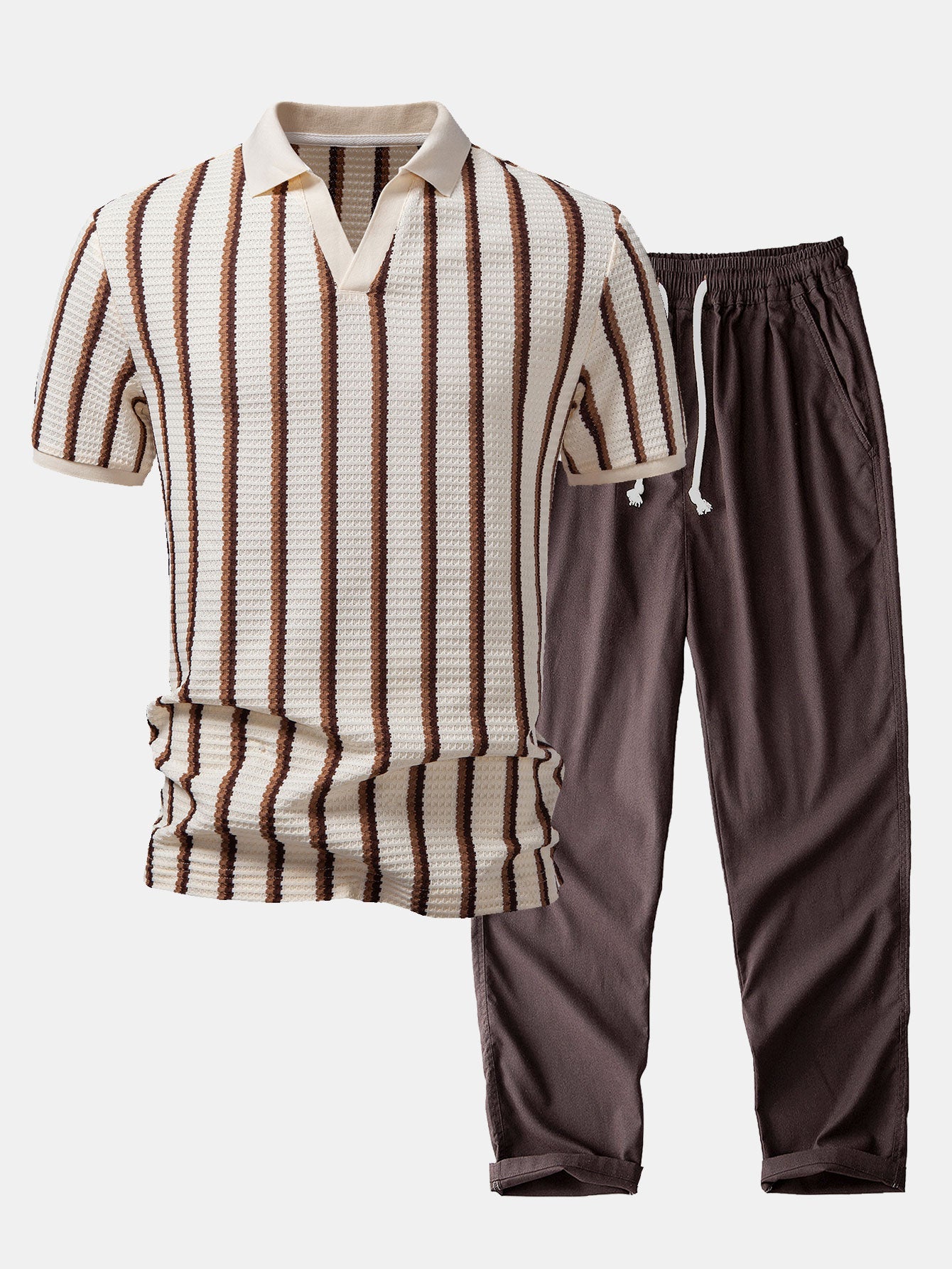 Waffle Stripe Johnny-Kragen Polo & Gerade Bein Leinenhose