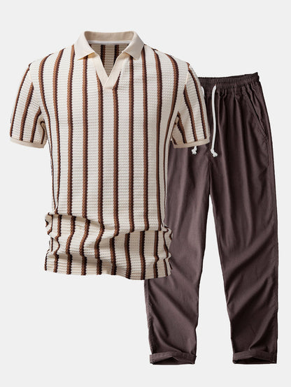 Waffle Stripe Johnny-Kragen Polo & Gerade Bein Leinenhose