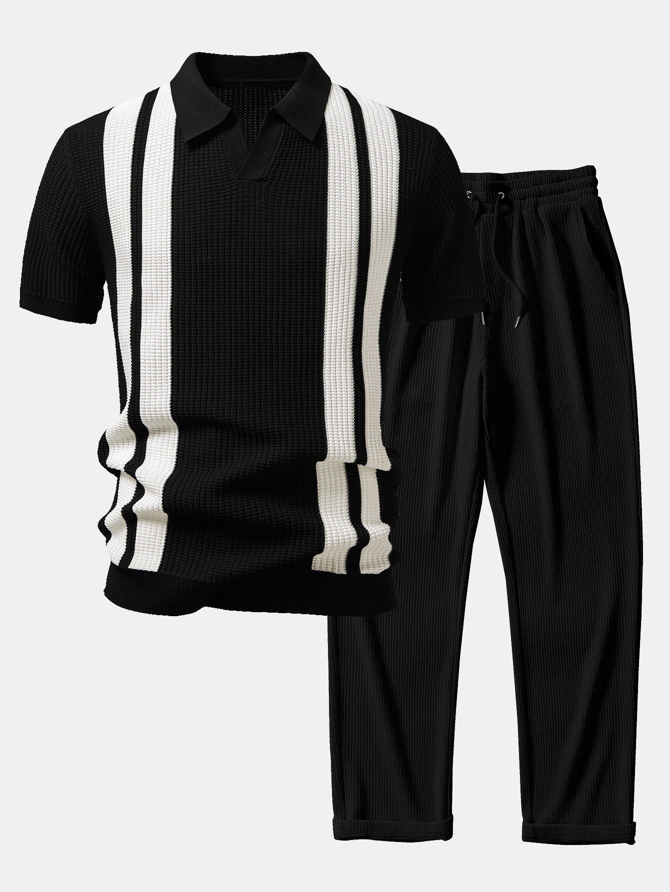 Streifen Johnny Kragen Strickpolo & gerade Beinform Ripp-Hosen