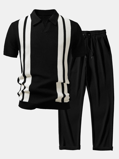 Streifen Johnny Kragen Strickpolo & gerade Beinform Ripp-Hosen