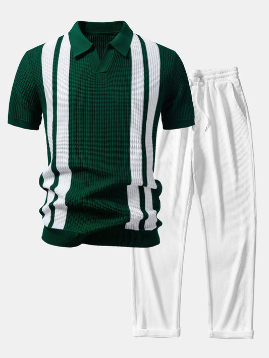 Streifen Johnny Kragen Strickpolo & gerade Beinform Ripp-Hosen