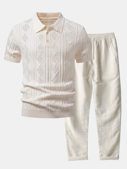 Geometrisches Jacquard Offenes Strick Polo & Gerade Beinform Leinenhose