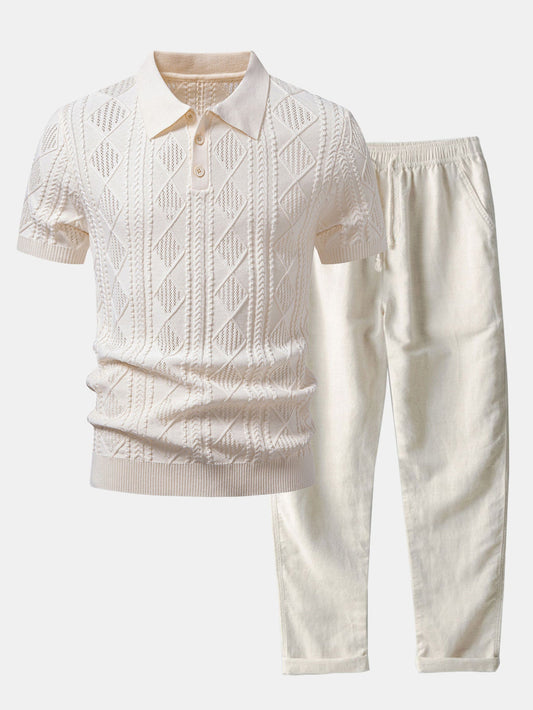 Geometrisches Jacquard Offenes Strick Polo & Gerade Beinform Leinenhose