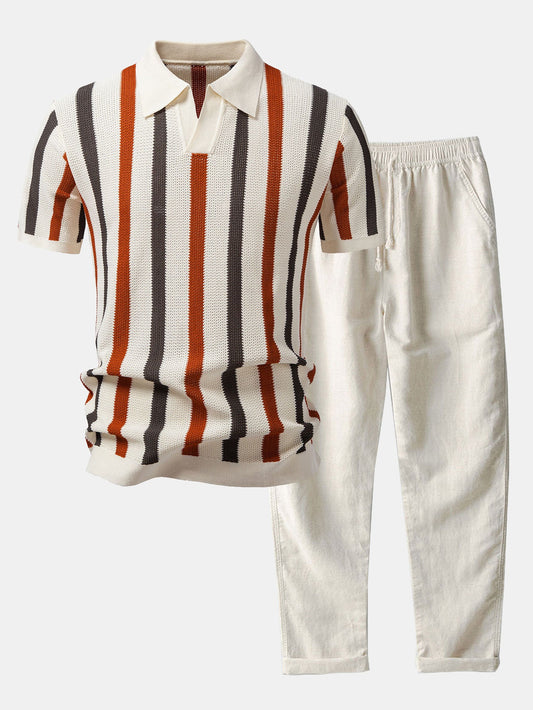 Gestreiftes Strick-Poloshirt mit Johnny-Kragen & gerade geschnittene Leinenhose