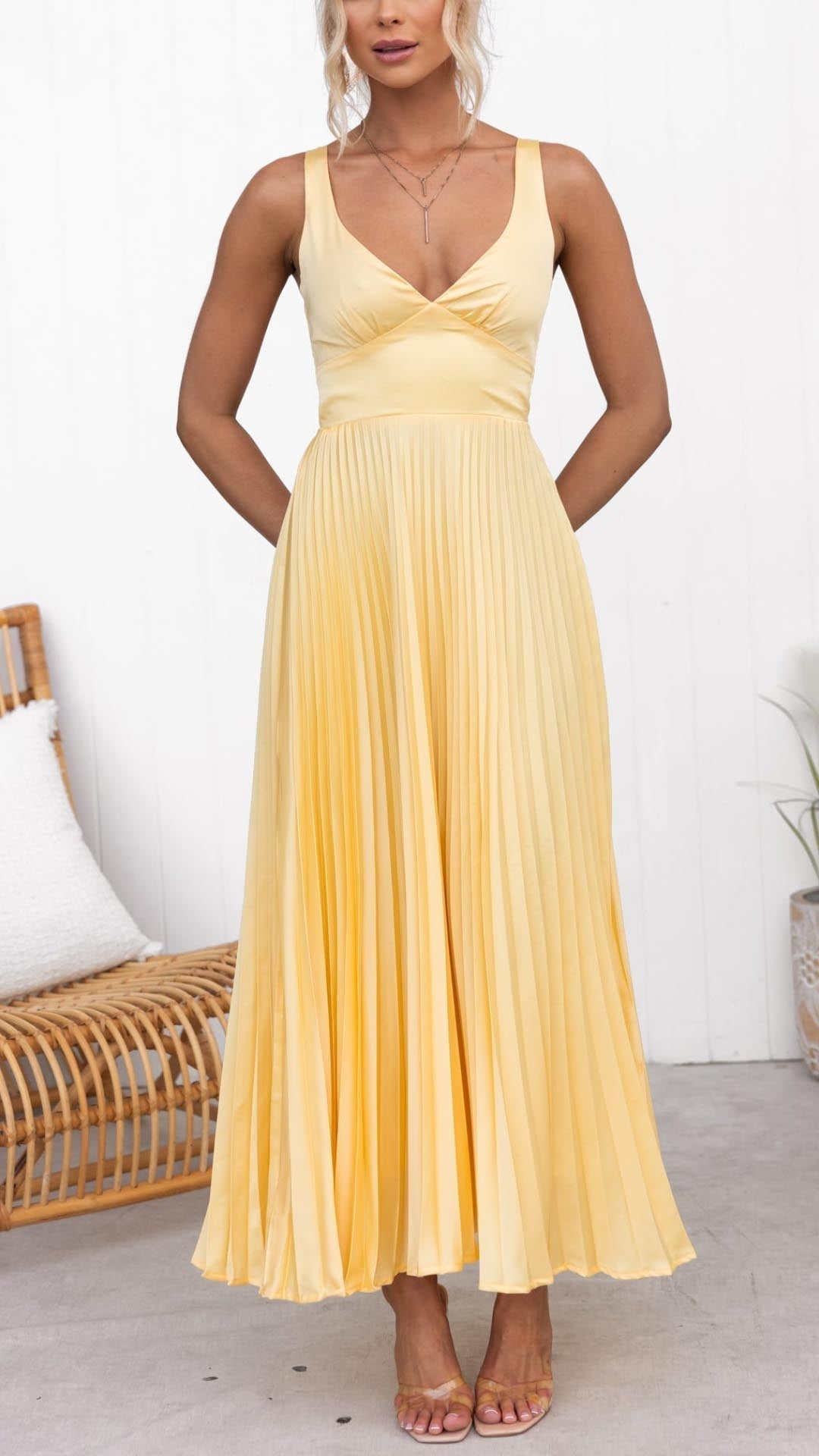 Zita™ - Gelbes Plissiertes V-Ausschnitt Maxikleid