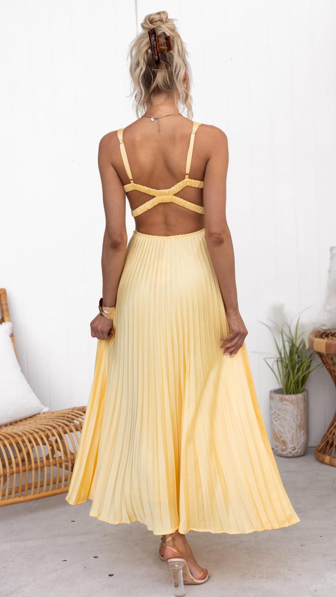 Zita™ - Gelbes Plissiertes V-Ausschnitt Maxikleid