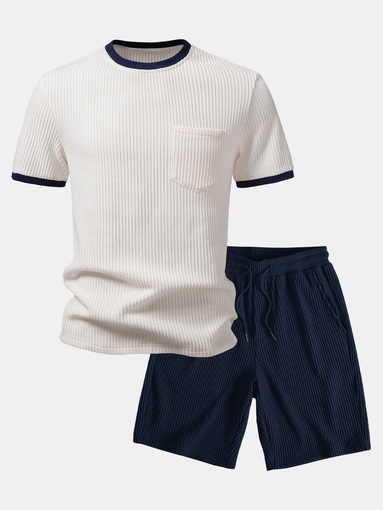 Kontrast Waffle T-Shirt mit Tasche & Drawstring Strick Waffle Shorts